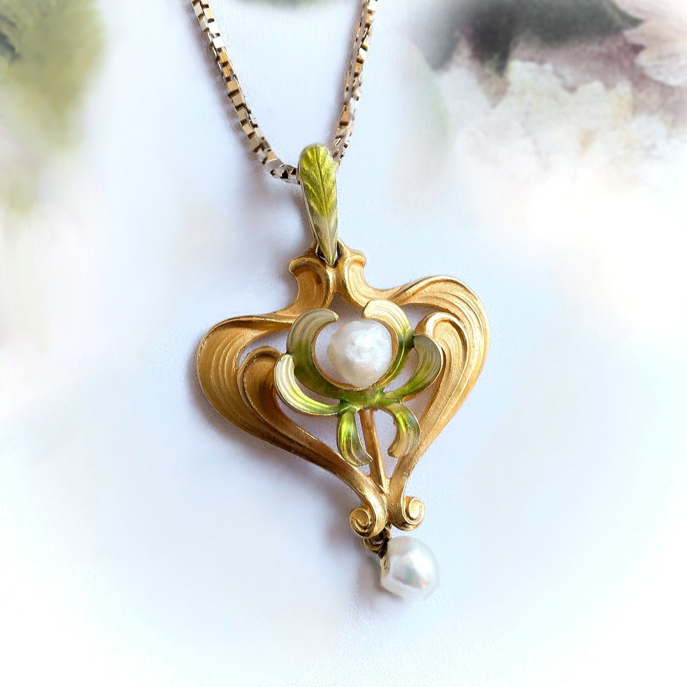 Antique Krementz Art Nouveau Pearl and Enamel Heart Pendant