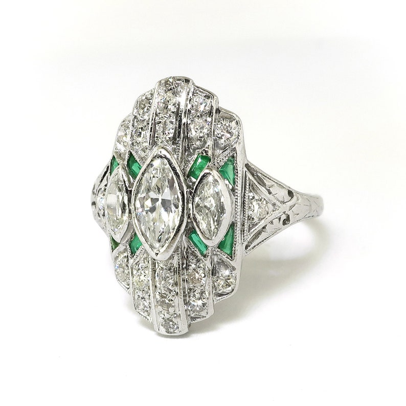 Art Deco .88ct.tw. Diamond and Emerald Navette Ring Platinum image 3