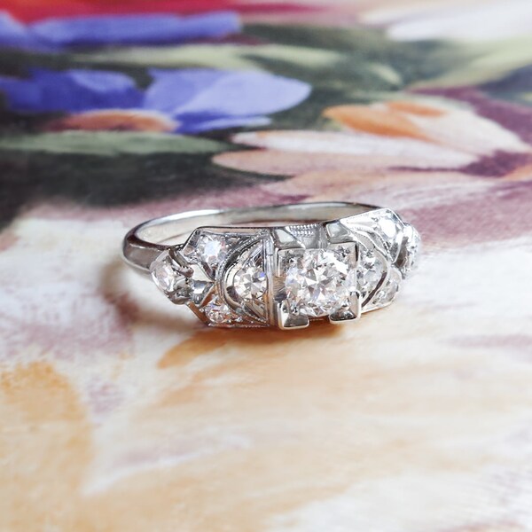 Antique Engagement Ring Vintage Engagement Ring 1930's Art Deco Old European Cut Diamond Engagement Wedding Anniversary Ring 18k White Gold