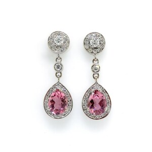 Estate Pink Pear Shape Tourmaline and Diamond Drop Earrings 18K White Gold image 2