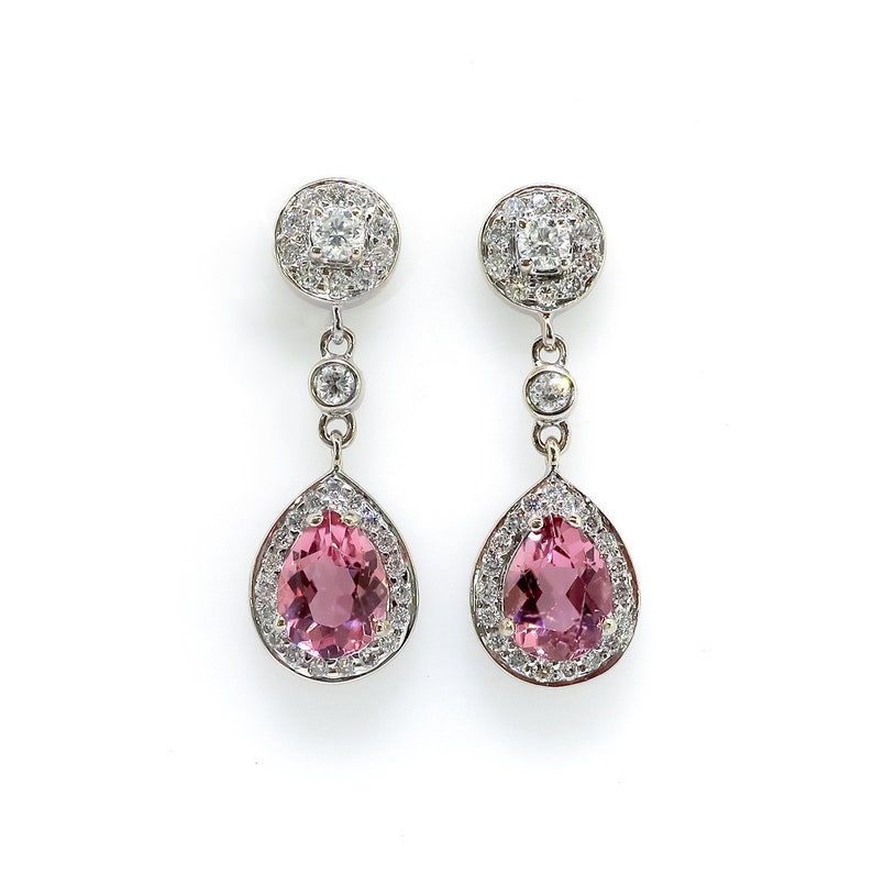 Estate Pink Pear Shape Tourmaline and Diamond Drop Earrings 18K White Gold image 2