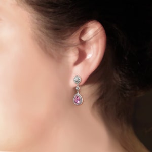 Estate Pink Pear Shape Tourmaline and Diamond Drop Earrings 18K White Gold image 6