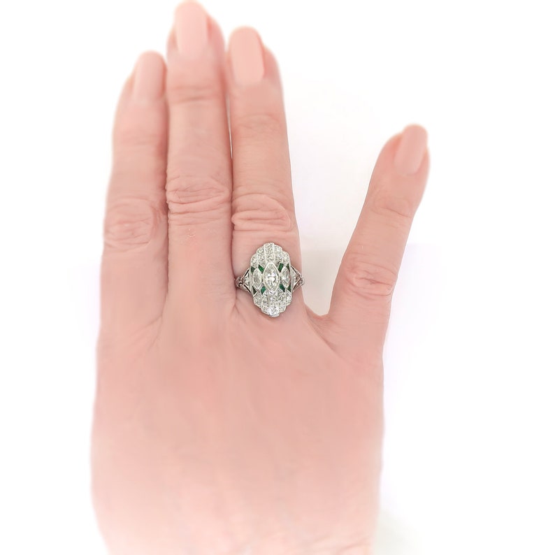 Art Deco .88ct.tw. Diamond and Emerald Navette Ring Platinum image 7