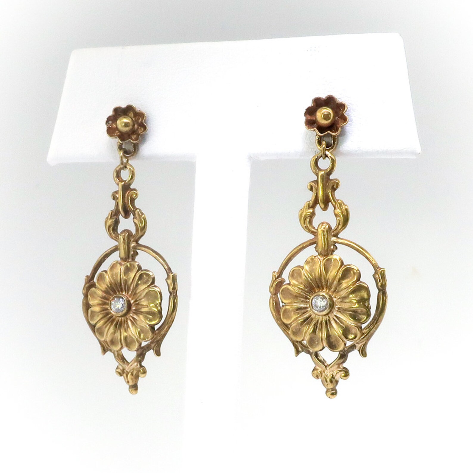 Vintage Diamond Daisy Drop Pierced Earrings in 14K Yellow Gold Etsy