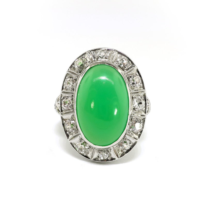 Vintage Art Deco 1930's 4.28ct.tw. Green Chrysoprase Diamond Halo Ring 18k White Gold image 2