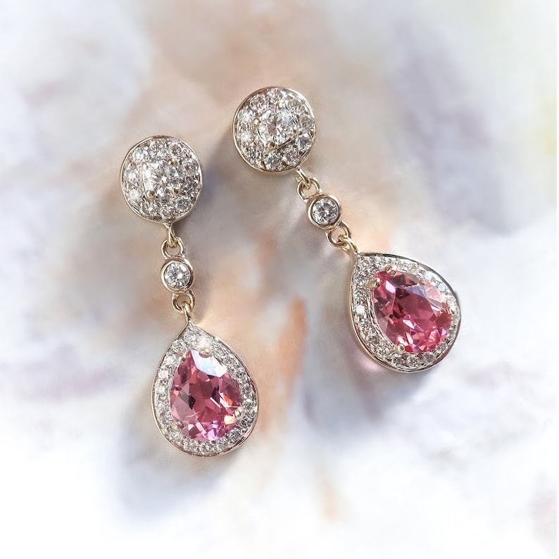 Estate Pink Pear Shape Tourmaline and Diamond Drop Earrings 18K White Gold image 1