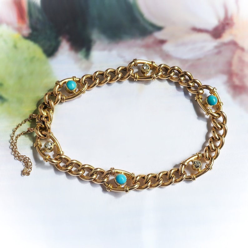Vintage Turquoise and Diamond Link Bracelet 15k Yellow Gold Fits 7 Inch Wrist image 1