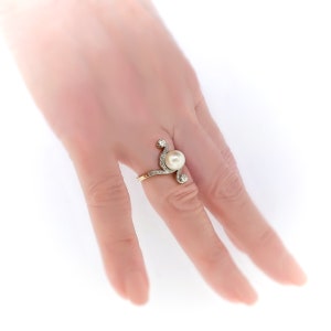 Antique Edwardian Pearl and Diamond Bypass Ring 14K Platinum image 8