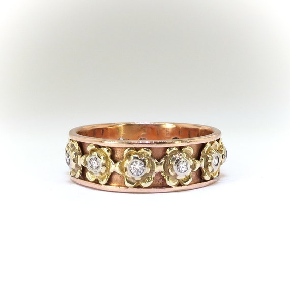 Estate Diamond Floral Eternity Band Rose and Yell… - image 2