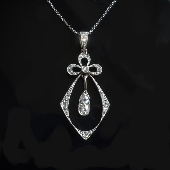 Antique Victorian .66 ctw. Diamond Bow Pendant Pl… - image 2