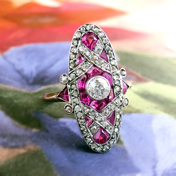 Antique Ruby Diamond Ring Edwardian Vintage 1920's Ruby Old European Cut Diamond Anniversary Cocktail Ring 18k Platinum