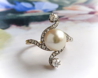 Antique Edwardian Pearl and Diamond Bypass Ring 14K Platinum