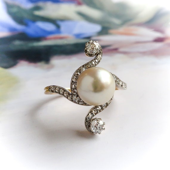 Antique Edwardian Pearl and Diamond Bypass Ring 1… - image 1