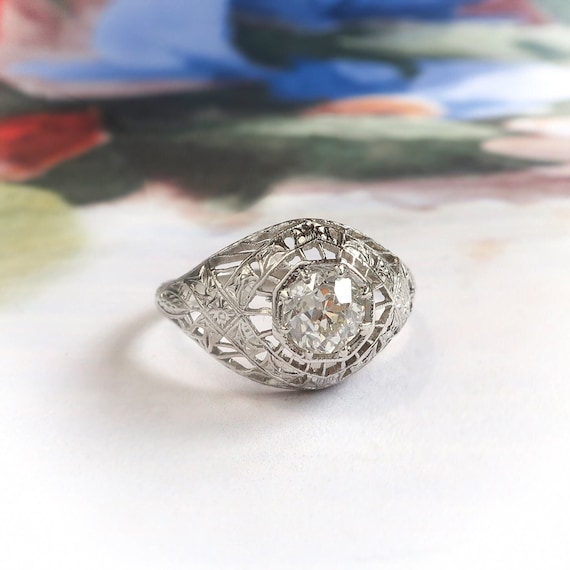 Antique Edwardian .50ct. Diamond Filigree Engagem… - image 1