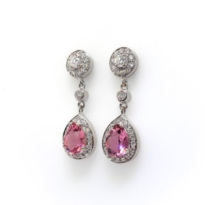 Estate Pink Pear Shape Tourmaline and Diamond Drop Earrings 18K White Gold image 3