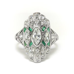 Art Deco .88ct.tw. Diamond and Emerald Navette Ring Platinum image 2