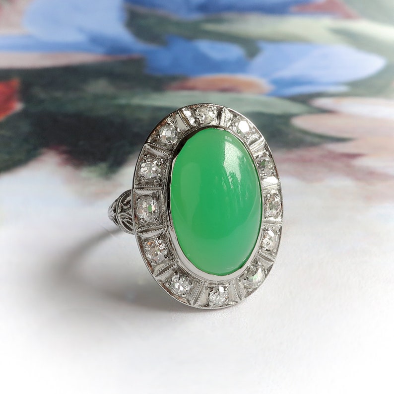 Vintage Art Deco 1930's 4.28ct.tw. Green Chrysoprase Diamond Halo Ring 18k White Gold image 1