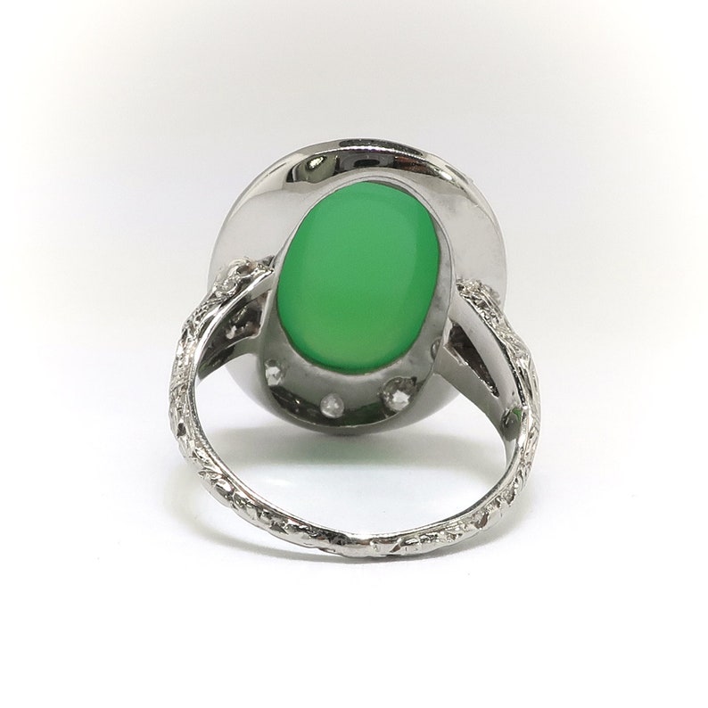 Vintage Art Deco 1930's 4.28ct.tw. Green Chrysoprase Diamond Halo Ring 18k White Gold image 6