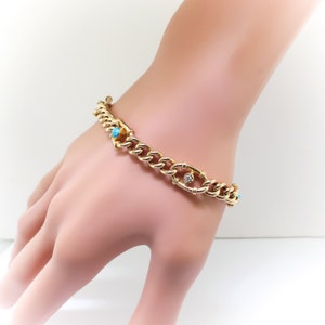 Vintage Turquoise and Diamond Link Bracelet 15k Yellow Gold Fits 7 Inch Wrist image 5