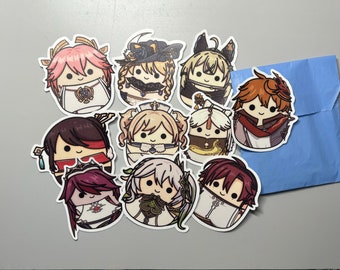 Puede incluir: Un conjunto de diez pegatinas de personajes de anime que presentan varios personajes con diferentes peinados y atuendos. Las pegatinas están sobre un fondo azul.