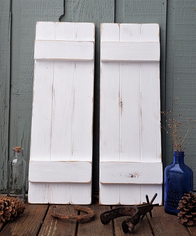 Distressed White Painted Wood Shutters Rustic Wood Shutters Interior Wall Decor Farmhouse Decor Reclaimed Wood Board And Batten