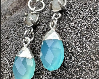Sterling Silver Lake Superior Chalcedony Earrings with Aqua Color Chalcedony Drops