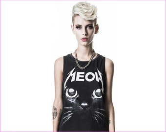 Black Sleeveless Cat print shirt • Organic Cotton cat shirt • Cat top • Summer black tees • Shirt gift for her