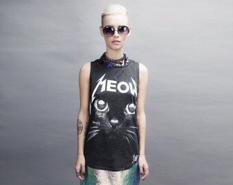 Women Back Cat Meow t-shirt, Metal Rock Punk Festival Shirt, Pop Art Graphic Tee, Cute Cat Lovers Shirt Gift