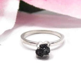 Sterling Silver Black Diamond Ring - Raw Diamond Ring - Natural Black Diamond Engagement Ring - Black Diamond Solitaire