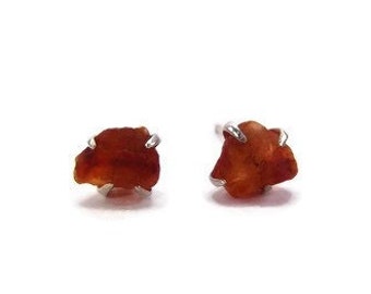 Raw Gemstone Stud Earrings - Orange Carnelian Earrings