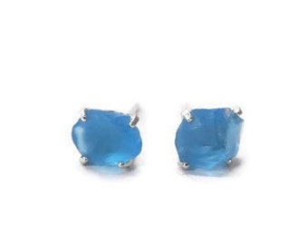 Aqua Blue Beach Glass Earrings - Sterling Silver Sea Glass Stud Earrings