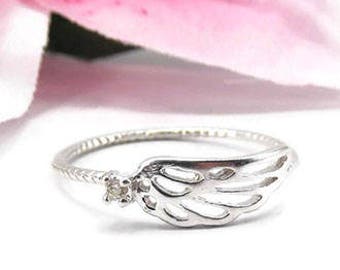 Small Diamond Ring - Minimalist Diamond Jewelry - Sterling Silver Angel Wing Ring - Minimalist Stacking Ring - Guardian Angel Ring