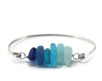 Blue Sea Glass Minimalist Bangle Bracelet - Sterling Silver Beach Glass Bracelet