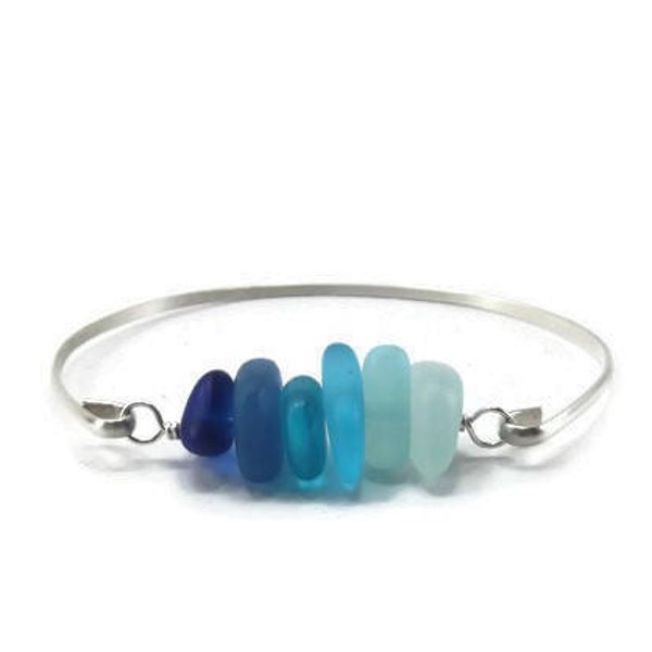 Blue Sea Glass Minimalist Bangle Bracelet - Sterling Silver Beach Glass Bracelet