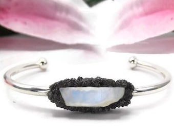 Silver Moonstone Bracelet - Moonstone Cuff Bracelet - Raw Gemstone Bracelet