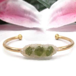 Green Peridot Bracelet - August Birthstone Bracelet - Raw Gemstone Bracelet - Gold Gemstone Cuff Bracelet