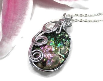 Abalone and Pearl Necklace - Blue Shell Pendant Necklace - Wire Wrapped Shell Pendant