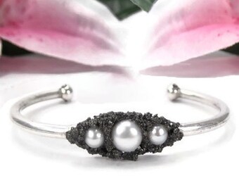 White Pearl Cuff Bracelet - Silver Freshwater Pearl Bracelet - Bridal Cuff Bracelet