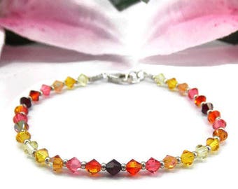 Minimalist Crystal Bracelet - Crystal Bicone Bracelet - Swarovski Crystal Stacking Bracelet - Red Orange and Yellow Beaded Bracelet