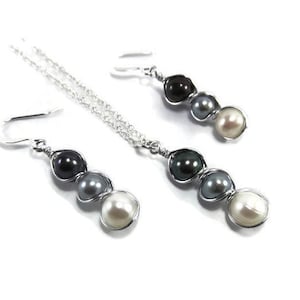 Wire Wrapped Freshwater Pearl Necklace - Sterling Silver Freshwater Pearl Set - Black and White Freshwater Pearl Necklace