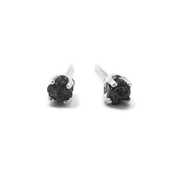 Raw Black Diamond Stud Earrings - Sterling Silver Minimalist Earrings - Small Stud Earrings - Natural Rough Diamond Studs - April Birthstone