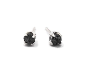 Raw Black Diamond Stud Earrings - Sterling Silver Minimalist Earrings - Small Stud Earrings - Natural Rough Diamond Studs - April Birthstone