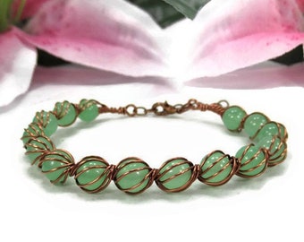 Green Wire Wrapped Bracelet - Green Gemstone Bangle - Beaded Copper Wire Bracelet - Green and Copper Bangle