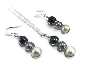 Wire Wrapped Freshwater Pearl Necklace - Sterling Silver Freshwater Pearl Set - Black and White Freshwater Pearl Necklace