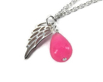 Pink Angel Wing Teardrop Necklace - Breast Cancer Awareness Necklace