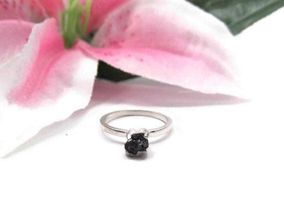 Sterling Silver Black Diamond Ring - Raw Diamond Ring - Natural Black Diamond Engagement Ring - Black Diamond Solitaire