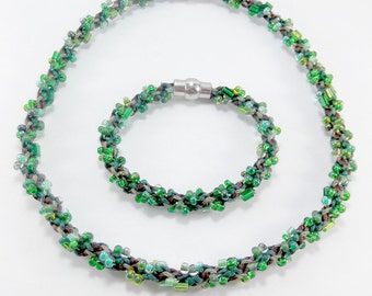 Kumihimo - Beaded Kumihimo Jewelry - Green Jewelry - Jewelry Set - Braided Jewelry - Beaded Braid - Brown Jewelry - Kumihimo Necklace