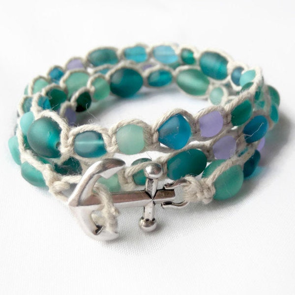 Seaglass Jewelry - Beach Bracelet - Hemp Bracelet - Ocean Bracelet - Sea Glass Jewelry - Sea Glass Bracelet - Anchor Wrap Bracelet
