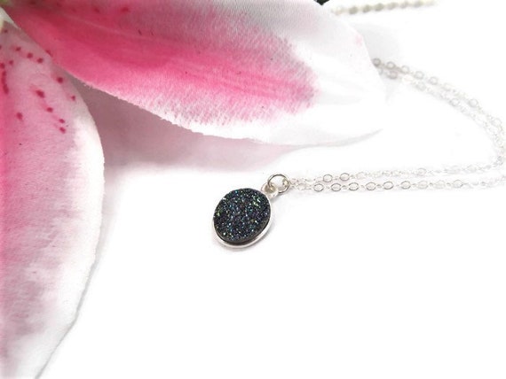 Green Druzy Necklace - Sterling Silver Druzy Pendant - Minimalist Druzy