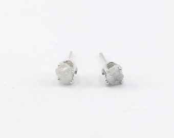 Raw White Diamond Stud Earrings - Sterling Silver Stud Earrings - Small Stud Earrings - Natural Rough Diamond Studs - April Birthstone